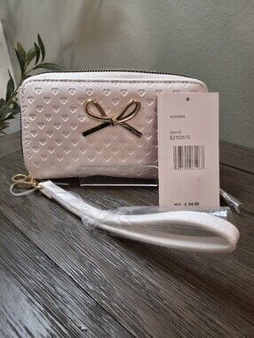 Betsey Johnson White Heart-Embossed Wristlet with Gold Bow